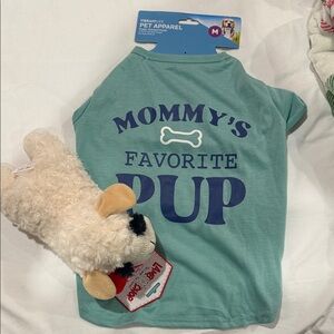 Green Dog Shirt with Blue Print and Lamb Chop stuffed dog toy with squeaker